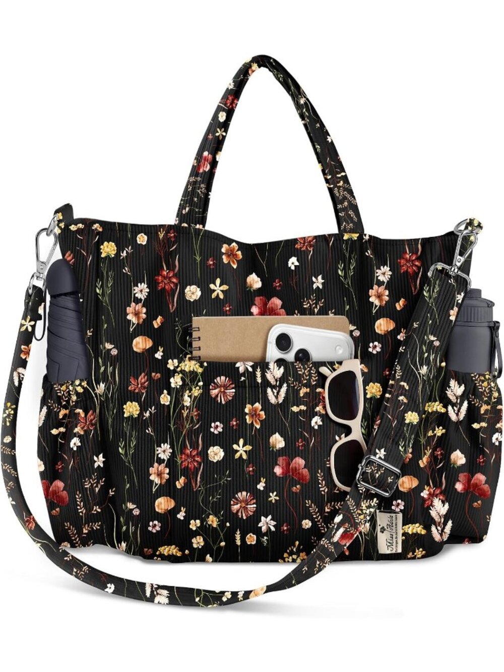 Women's Growing Flower Corduroy Crossbody Tote Multi Pocket Travel Bag